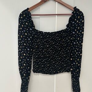 Reformation Black and White Puff Sleeve Smocked Blouse